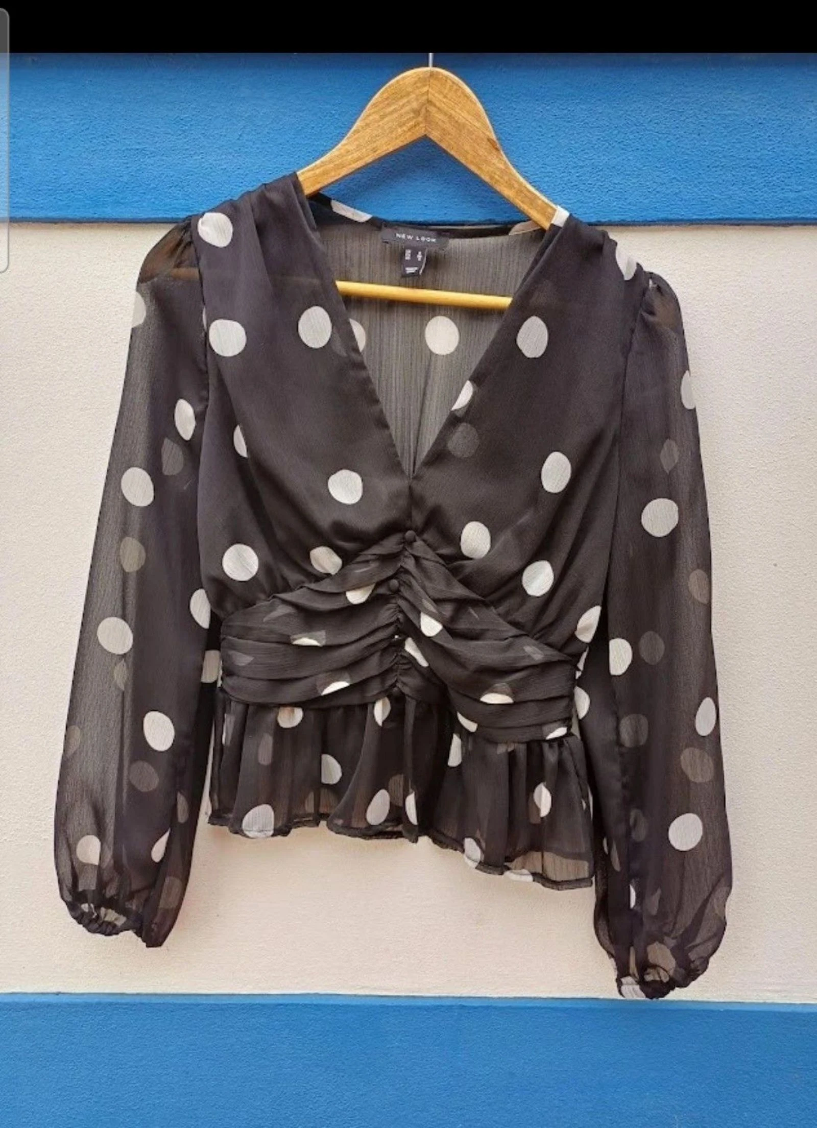 🖤Zwart semi-transparant top met grote stipjes, romantische elegante stijl, Als nieuw – photo 2